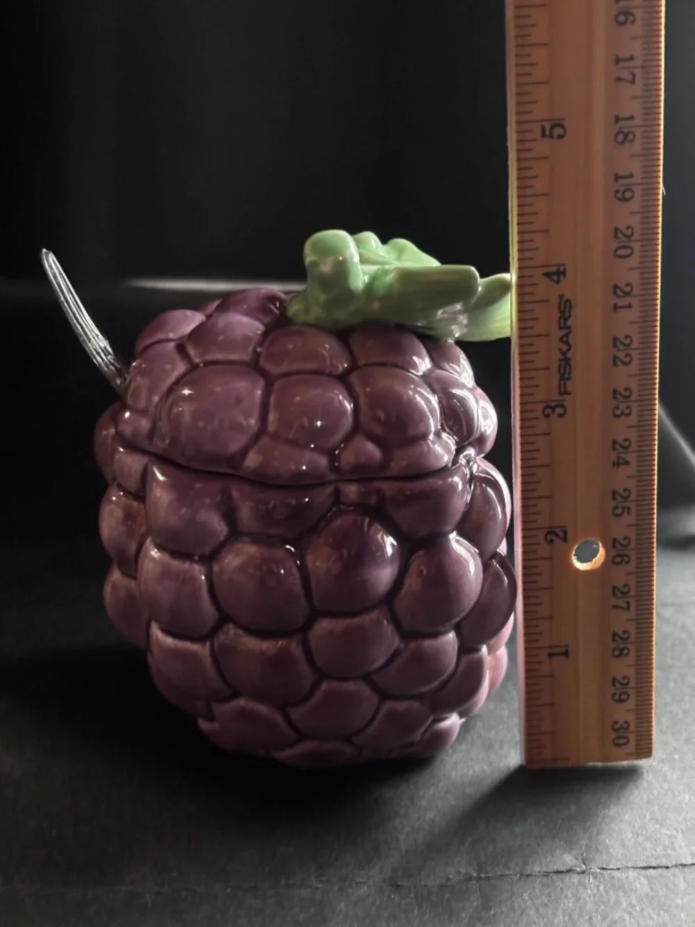 Ceramic Purple Grape Jam Sugar Jar With Lid Spoon Green Leaf Accent Vintage 80s